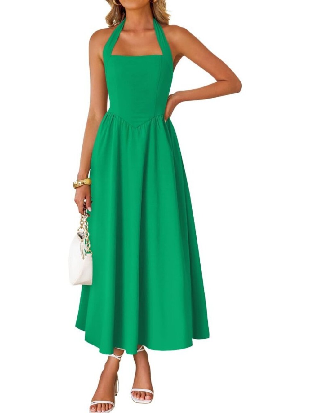 Women's Summer Sleeveless Halter Green Midi Dress Off Shoulder Flowy Long Dress
